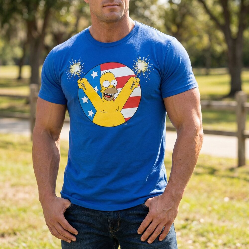 The Simpson's Sparkler T-Shirt Homer Simpson Men Size 2XL Blue Fireworks Flag TV